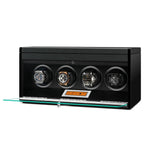 Black carbon fibre 4-watch winder with extra storage, glass front, and digital touchscreen display.