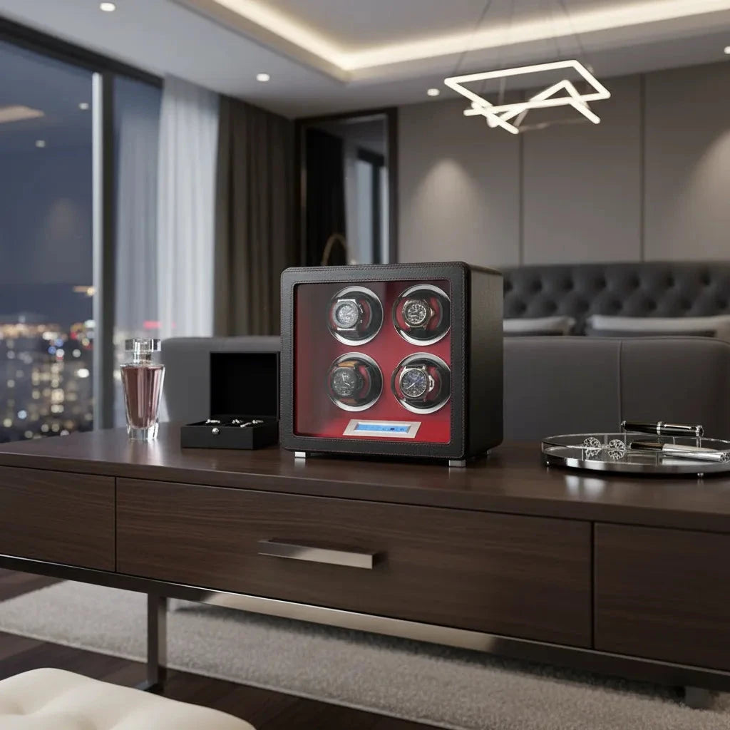4 Watch Winder in Smooth Black Leather Finish by Aevitas