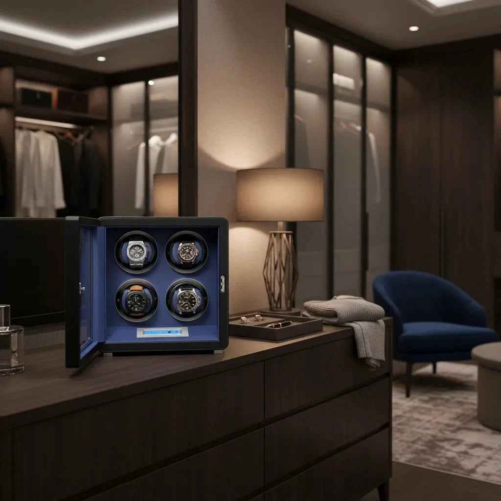 4 Watch Winder in Smooth Black and Blue Leather Finish by Aevitas