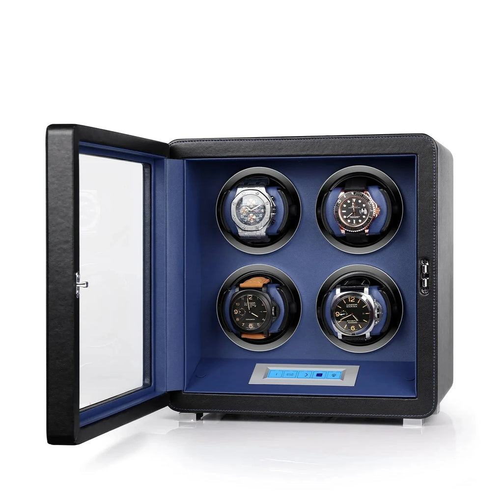 4 Watch Winder in Smooth Black and Blue Leather Finish by Aevitas