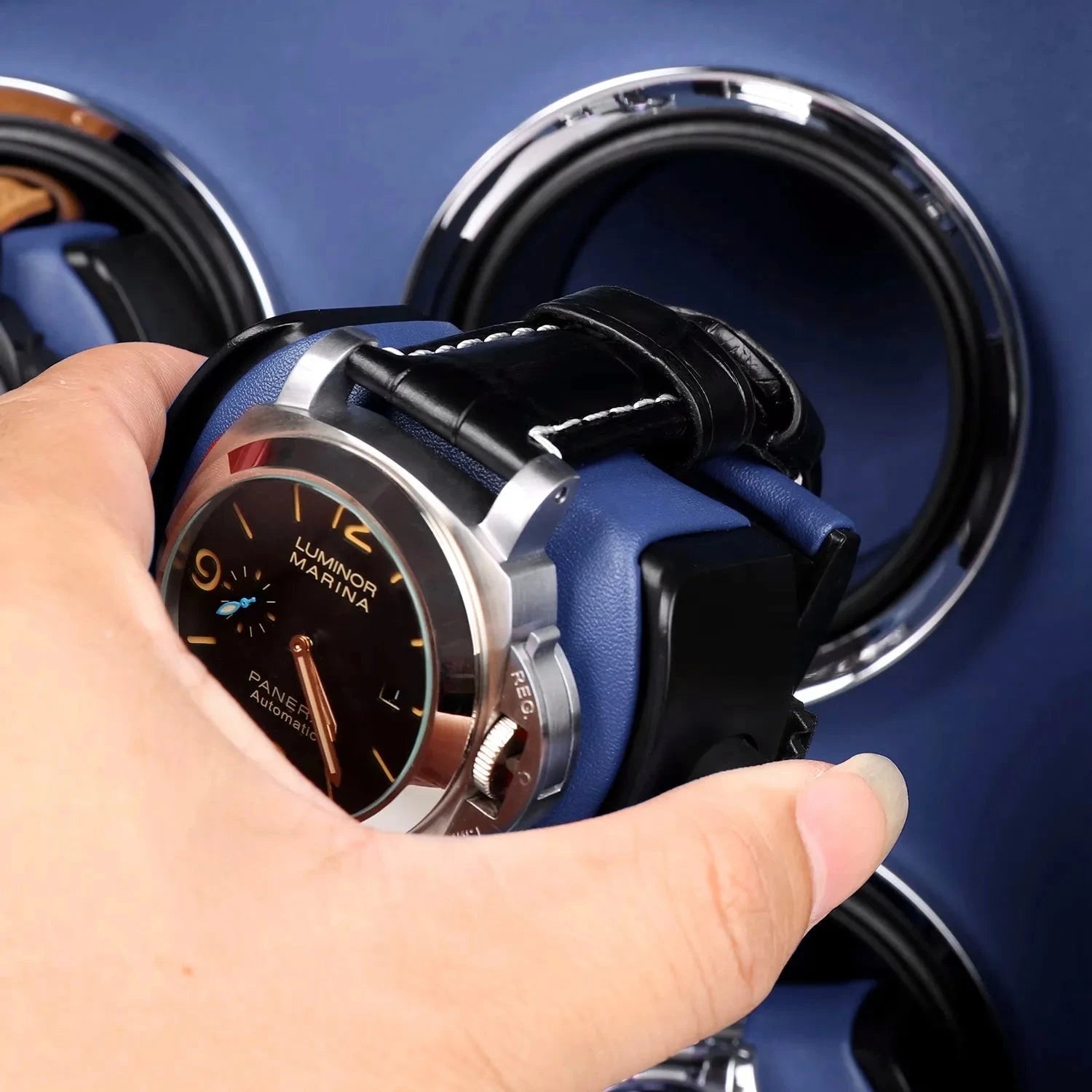 4 Watch Winder in Smooth Black and Blue Leather Finish by Aevitas