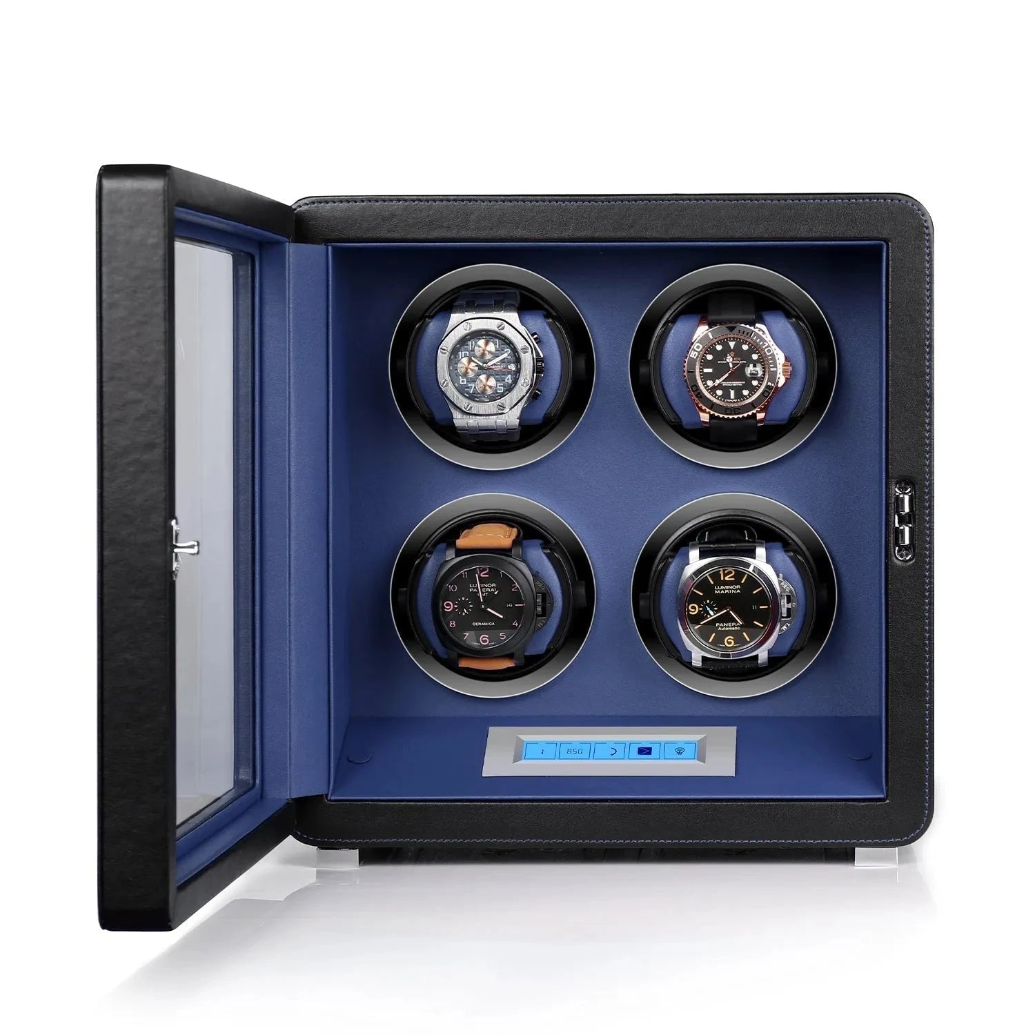4 Watch Winder in Smooth Black and Blue Leather Finish by Aevitas