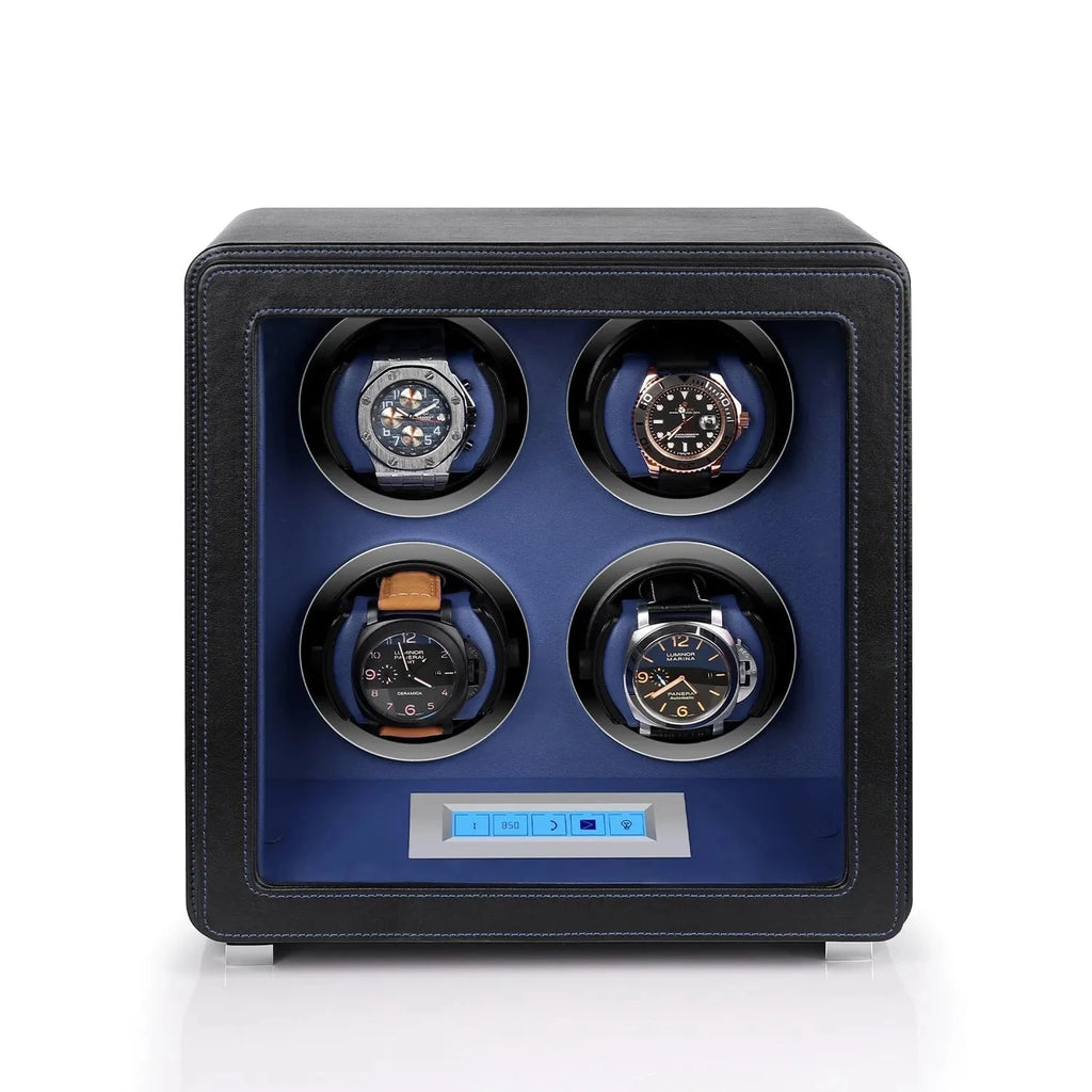 4 Watch Winder in Smooth Black and Blue Leather Finish by Aevitas