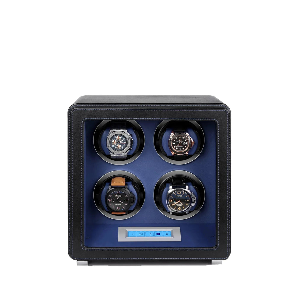 4 Watch Winder in Smooth Black and Blue Leather Finish by Aevitas