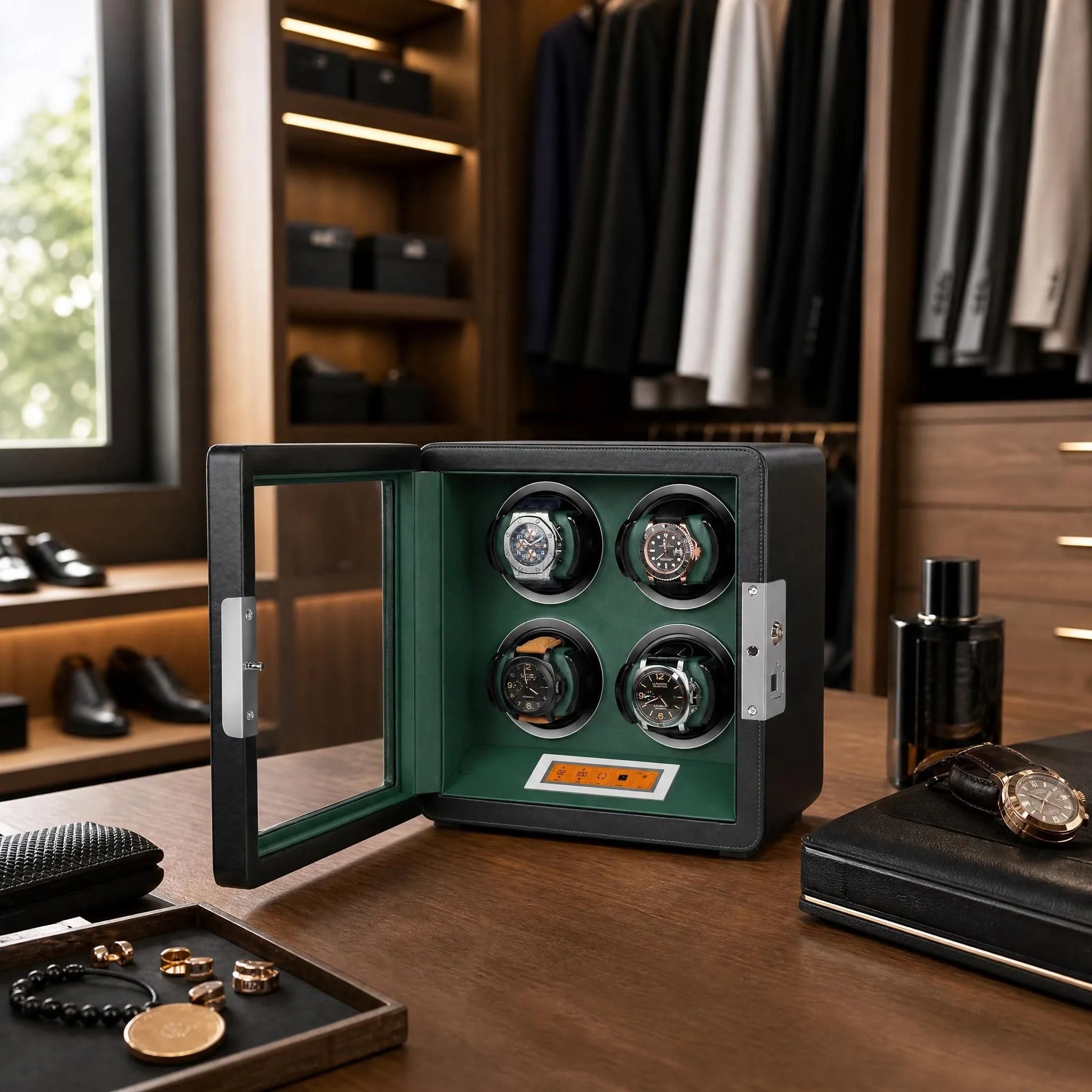 Close-up of 4 Watch Winder with black vegan leather finish and green interior lining in a luxury walk-in dressing room.