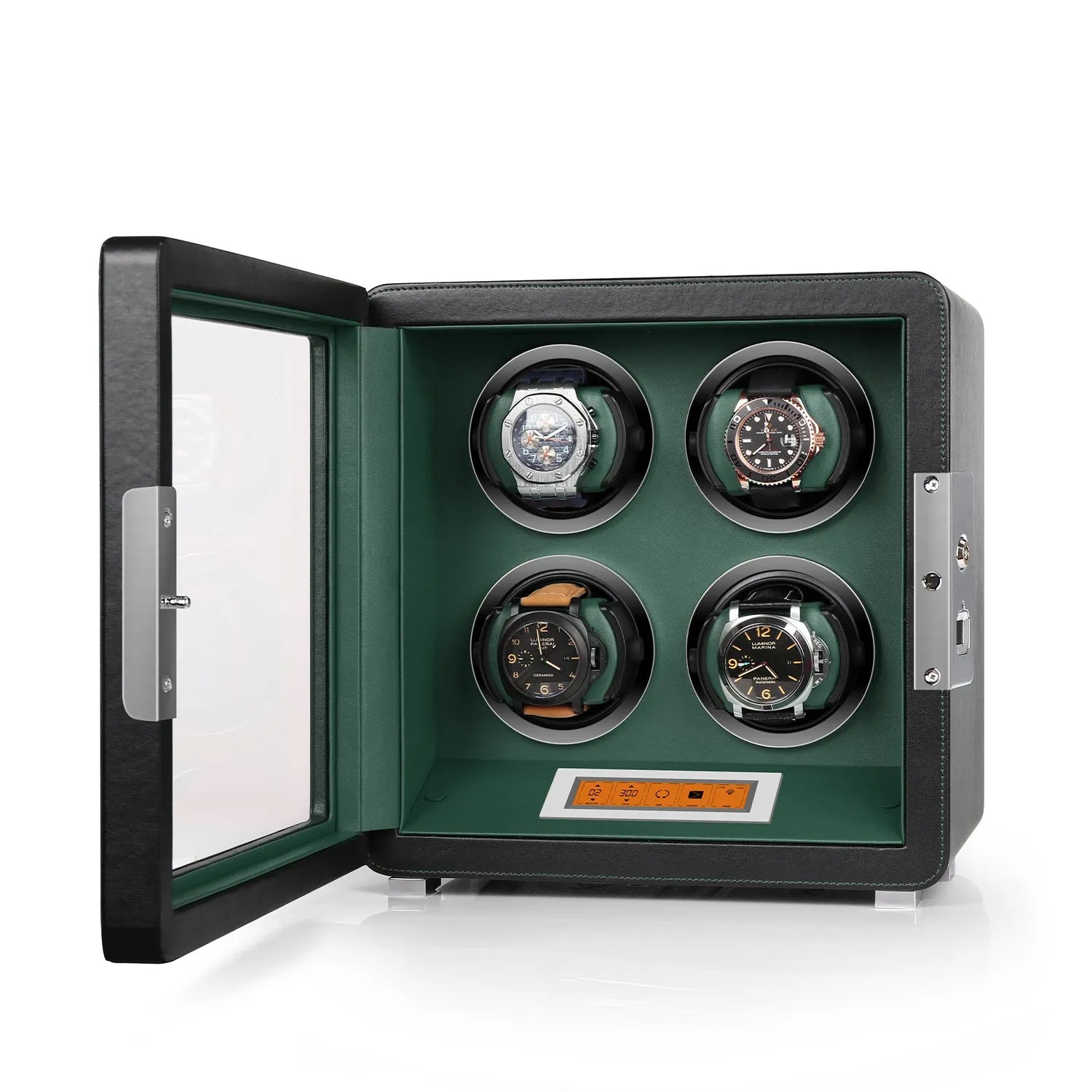 Aevitas 4-watch winder in black leather with green lining, featuring a touchscreen display and silver satin hardware.