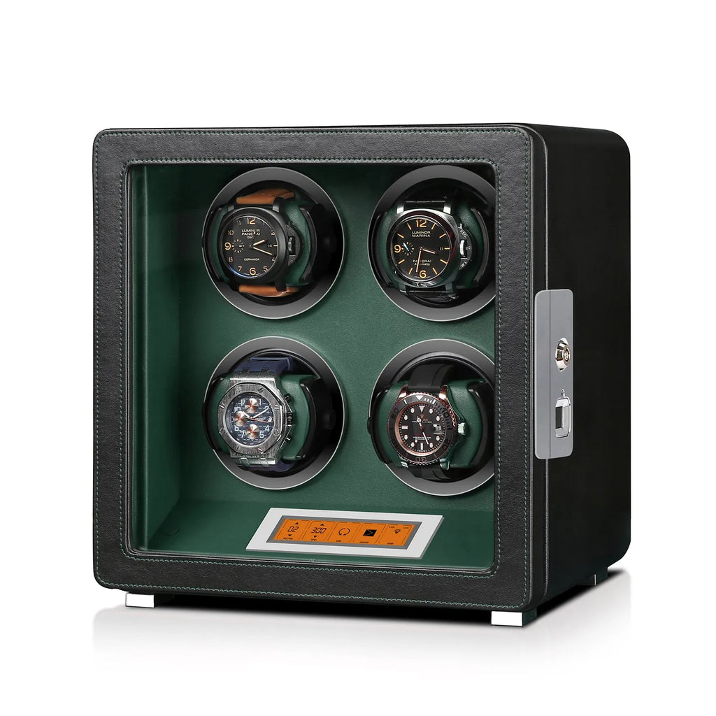 Aevitas 4-watch winder in black leather with green interior, touchscreen display, and silver satin-finished accents.