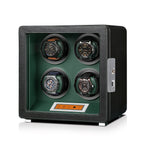 Aevitas 4-watch winder in black leather with green interior, touchscreen display, and silver satin-finished accents.