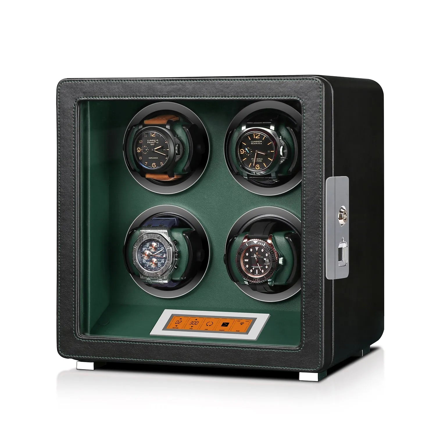 Aevitas 4-watch winder in black leather with green interior, touchscreen display, and silver satin-finished accents.