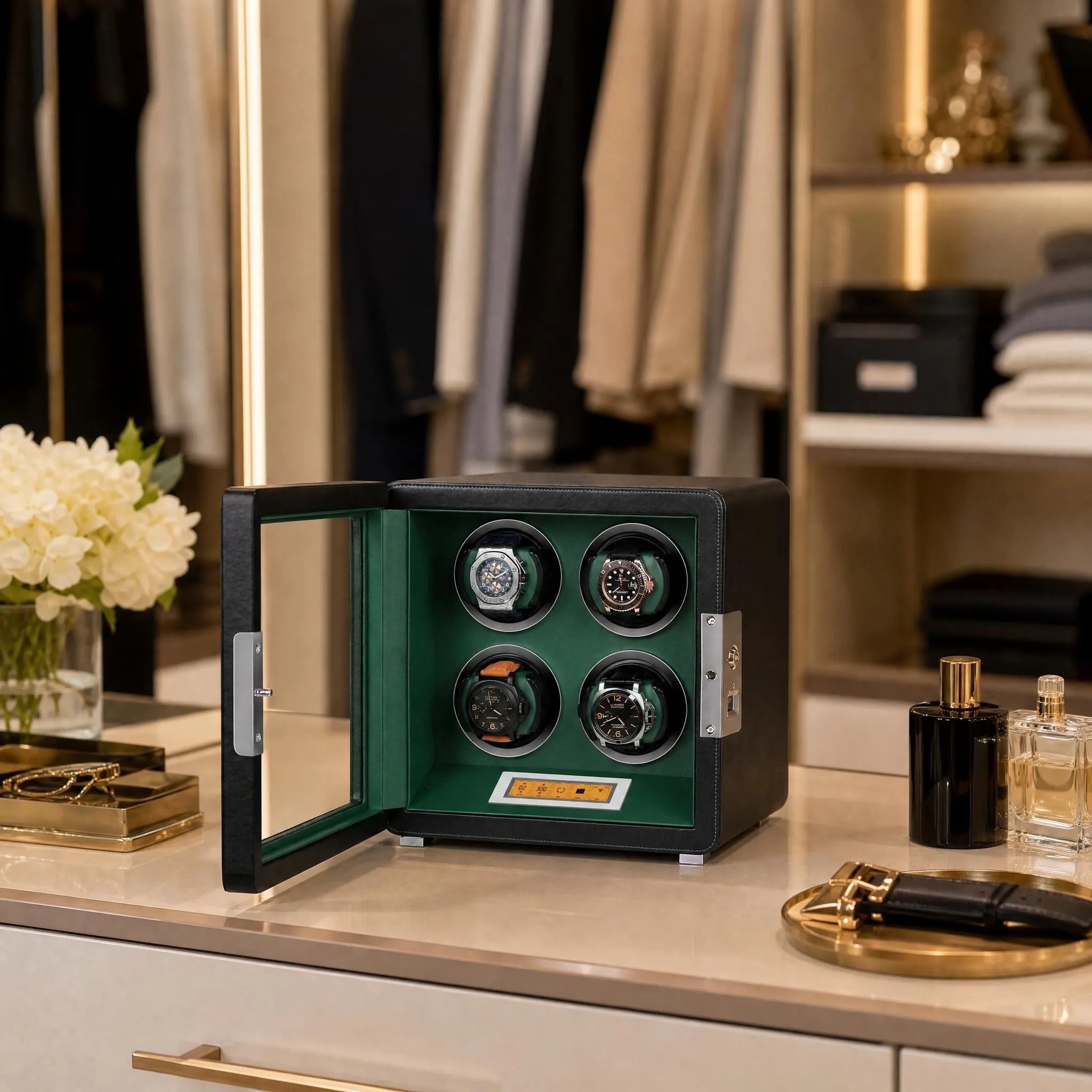Full shot of 4 Watch Winder on a polished dressing table in a bright modern dressing room with accessories and decor.