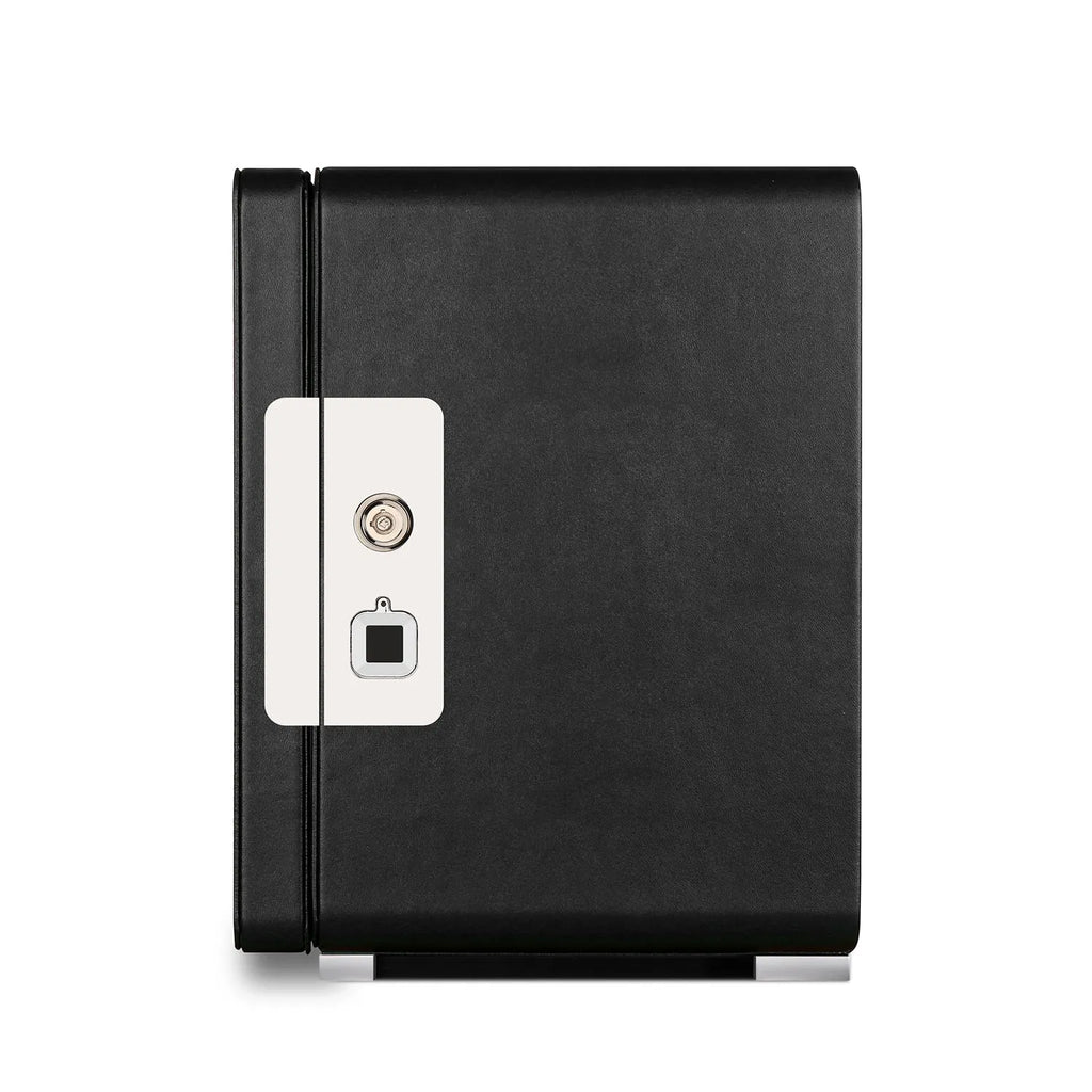 Aevitas 4-watch winder in smooth black vegan leather with a silver fingerprint lock and key mechanism.