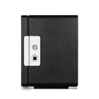 Aevitas 4-watch winder in smooth black vegan leather with a silver fingerprint lock and key mechanism.
