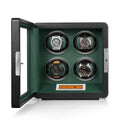 Aevitas 4-watch winder in black leather with green interior, featuring a digital touchscreen and silver satin hardware.