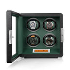 Aevitas 4-watch winder in black leather with green interior, featuring a digital touchscreen and silver satin hardware.