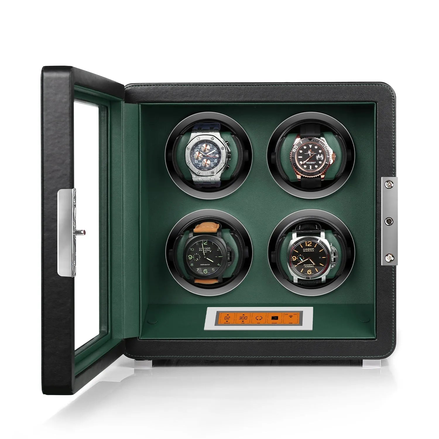 Aevitas 4-watch winder in black leather with green interior, featuring a digital touchscreen and silver satin hardware.