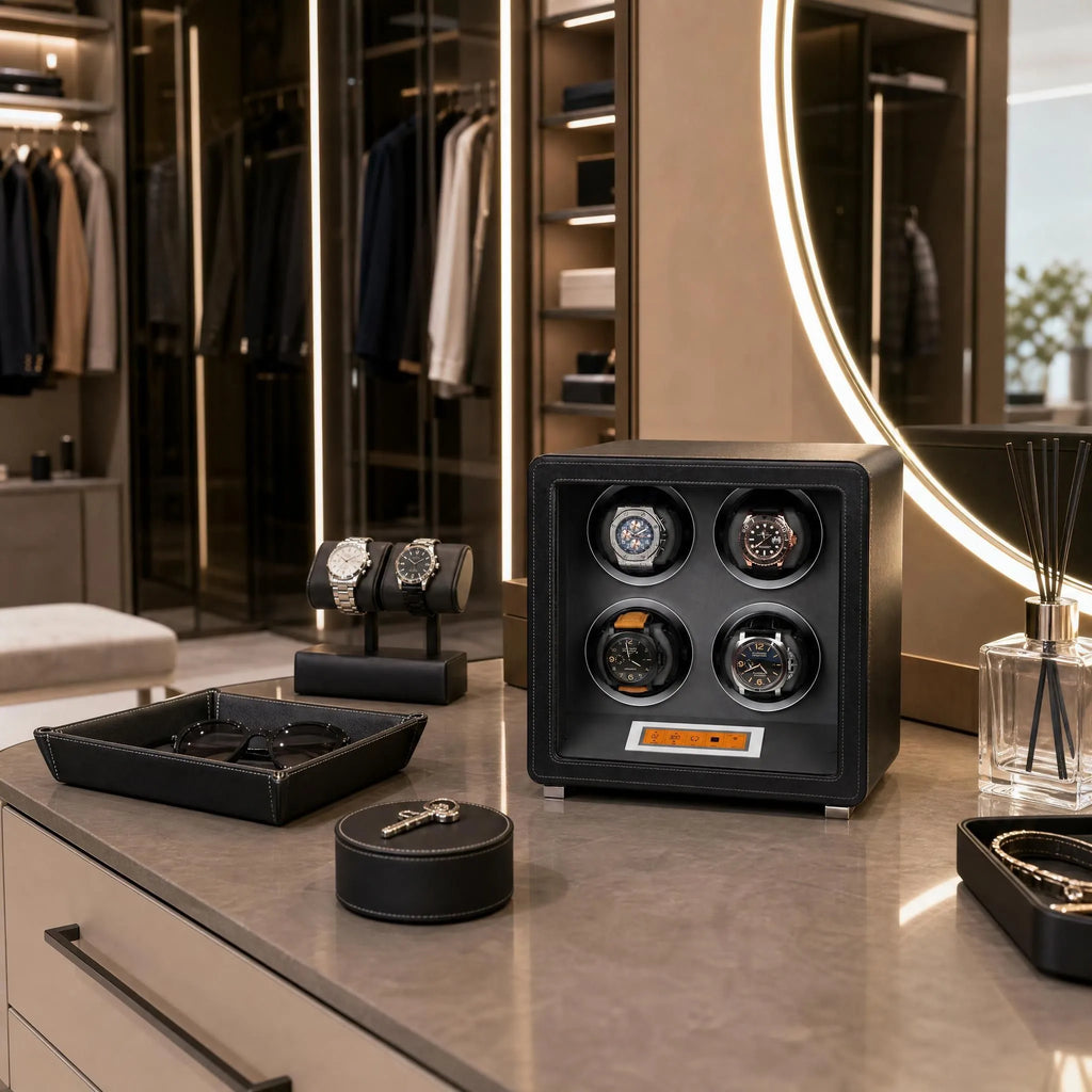 Elegant 4 Watch Winder in black vegan leather with silver accents on a high-end dressing room vanity with accessories.