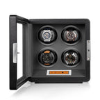 Aevitas 4-watch winder in black leather with grey interior, touchscreen control, and satin silver hardware.