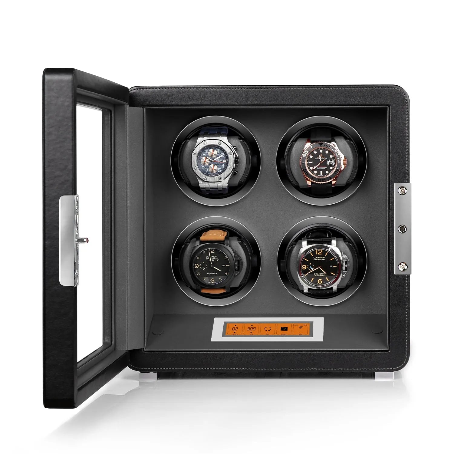 Aevitas 4-watch winder in black leather with grey interior, touchscreen control, and satin silver hardware.