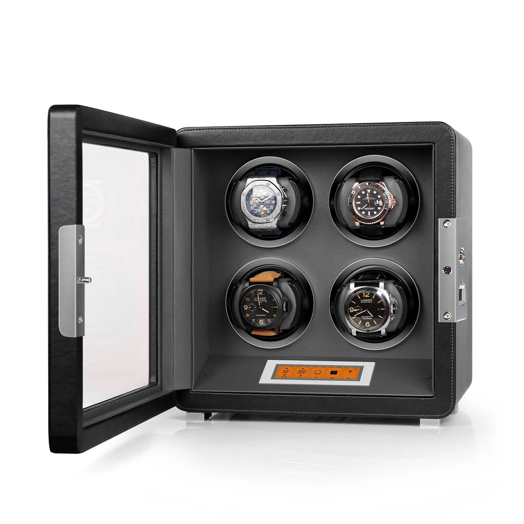 Aevitas 4-watch winder in black vegan leather with a grey interior, glass door, and digital touchscreen control panel.