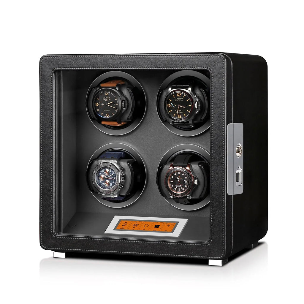 Aevitas 4-watch winder in black leather with grey interior, featuring a digital touchscreen and silver satin-finished hardware.