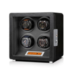 Aevitas 4-watch winder in black leather with grey interior, featuring a digital touchscreen and silver satin-finished hardware.