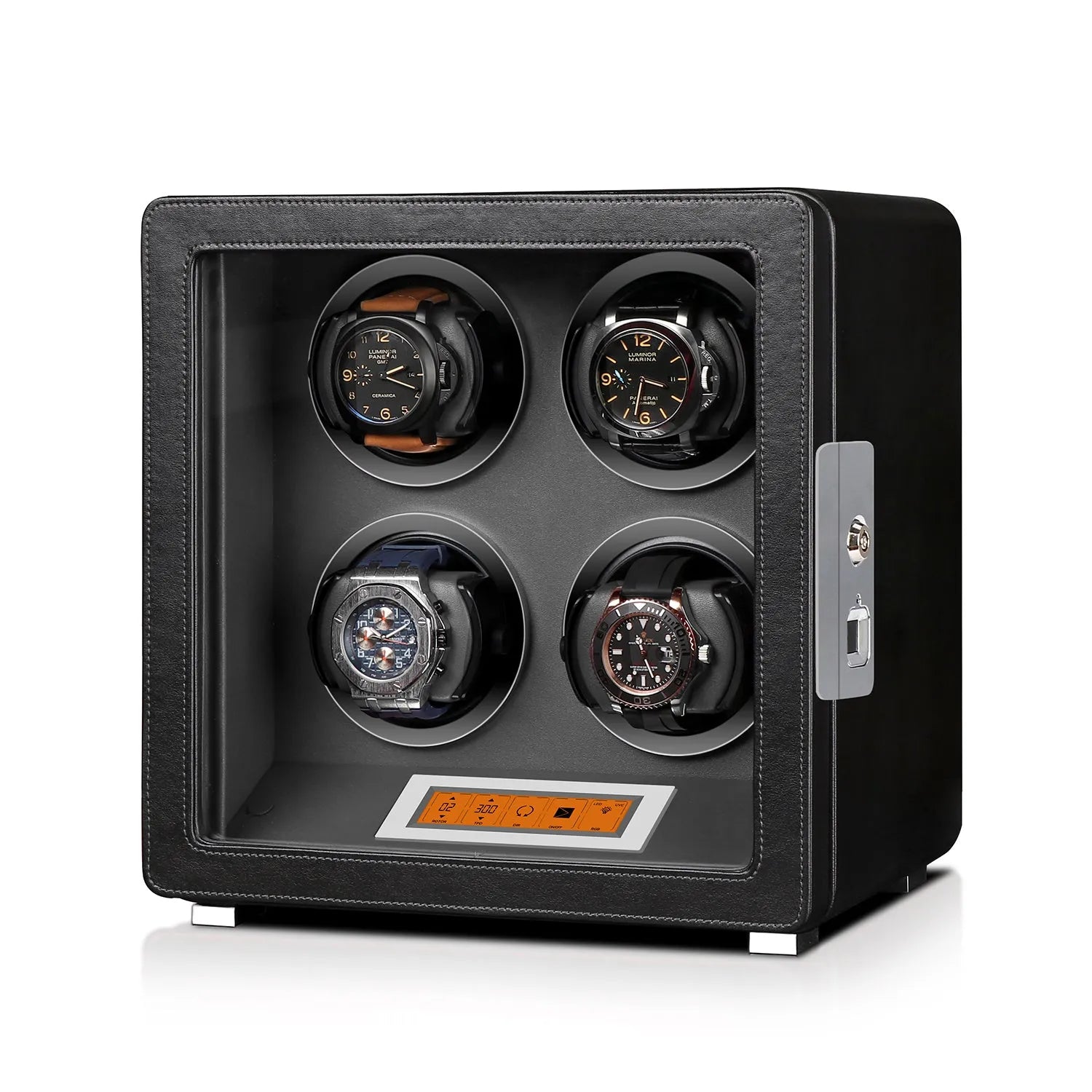 Aevitas 4-watch winder in black leather with grey interior, featuring a digital touchscreen and silver satin-finished hardware.