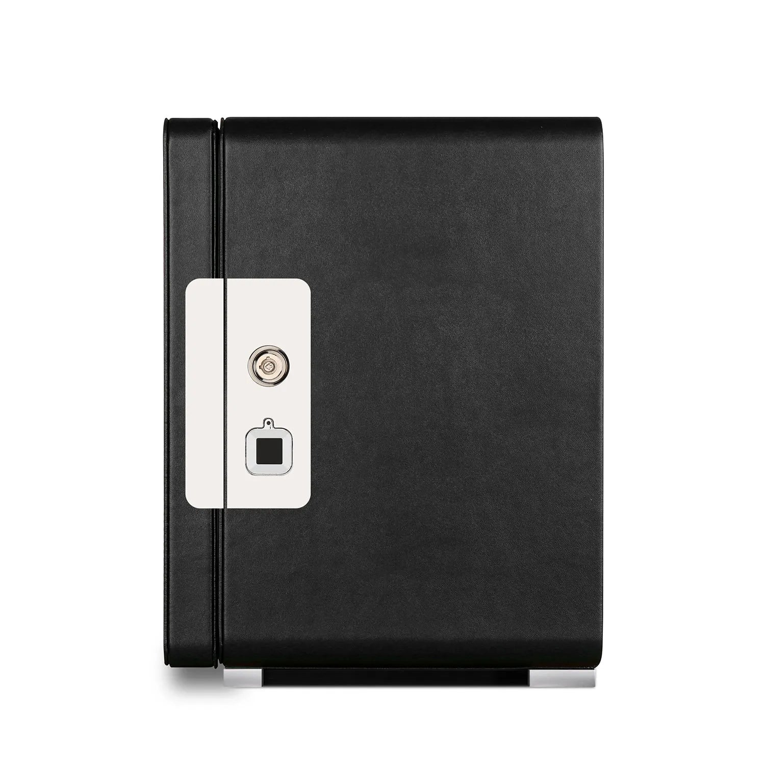 Aevitas 4-watch winder in smooth black leather with a silver fingerprint lock and key mechanism on a white background.