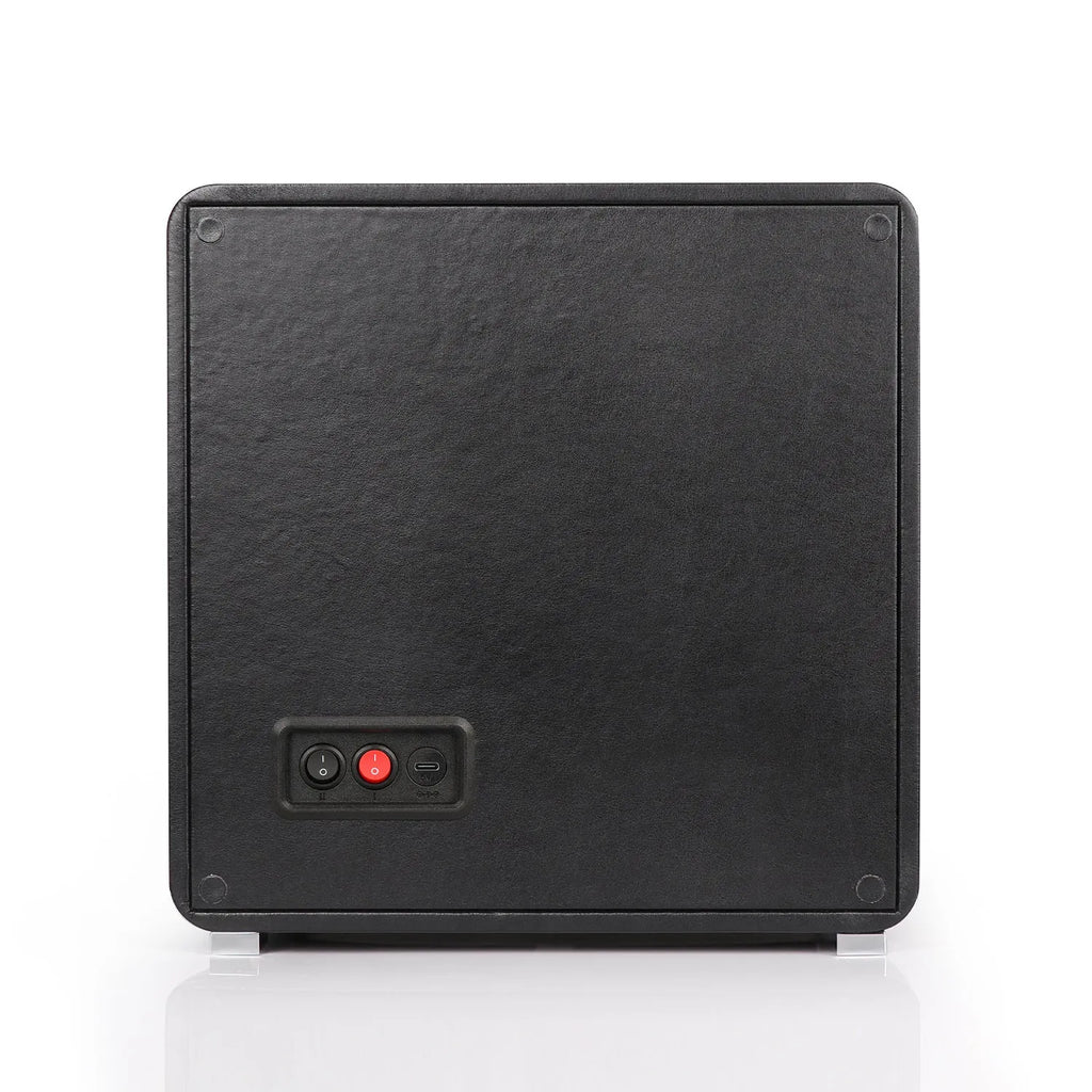 Back view of Aevitas 4 watch winder in black leather with power switches and USB-C port on a white background.