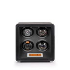 Aevitas 4-watch winder in black leather with grey lining and a digital touchscreen control panel.