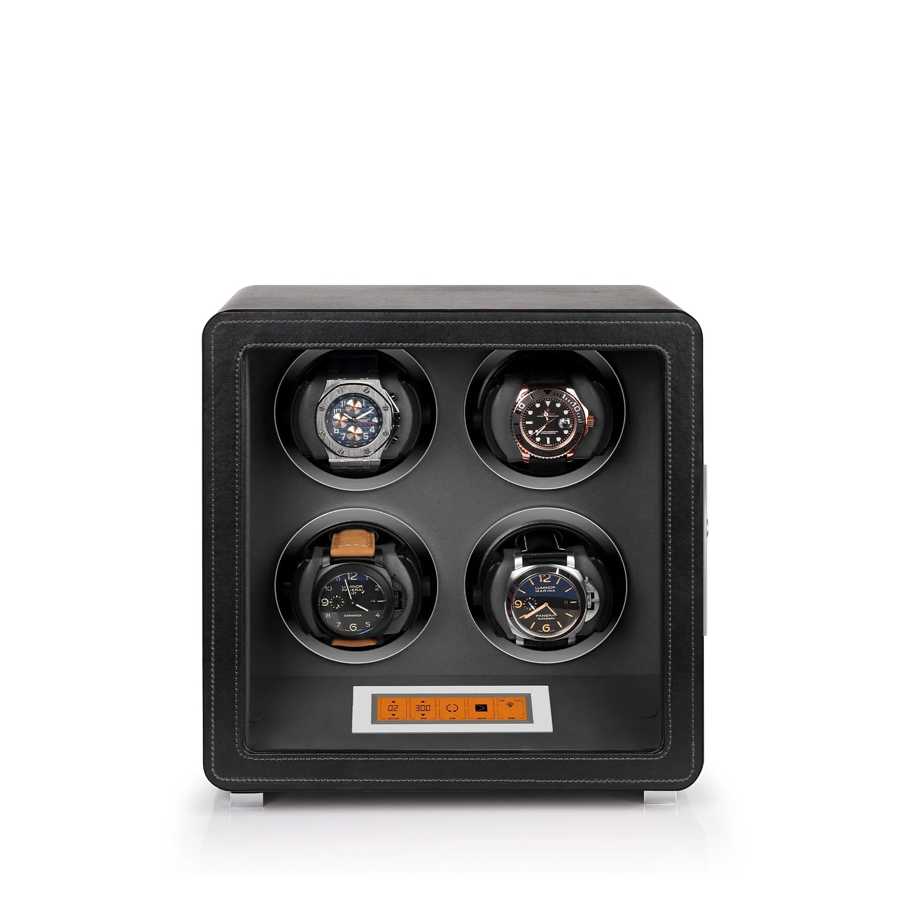 Aevitas 4-watch winder in black leather with grey lining and a digital touchscreen control panel.