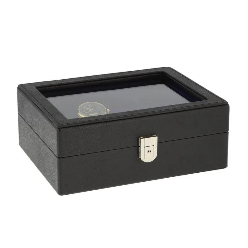 4 Watch and Cufflink Box in Black Genuine Leather