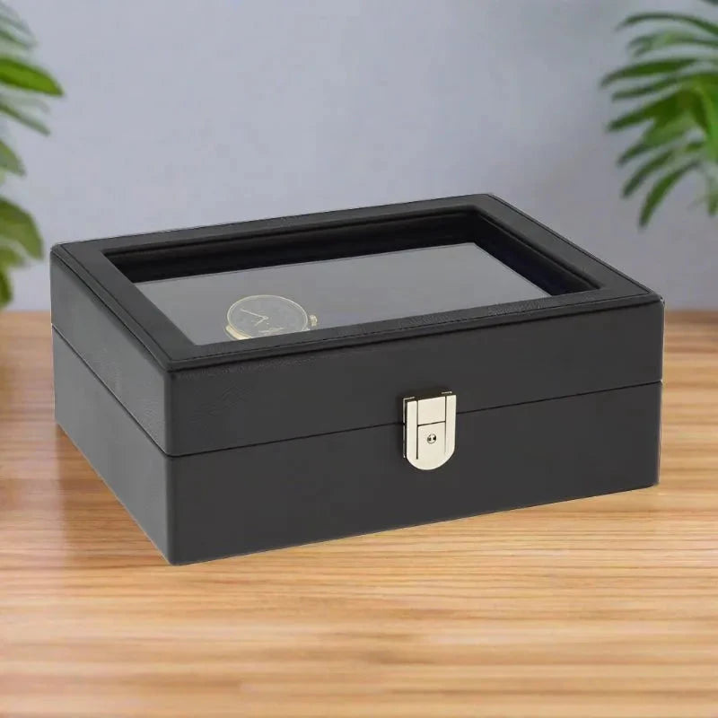 4 Watch and Cufflink Box in Black Genuine Leather