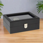 4 Watch and Cufflink Box in Black Genuine Leather