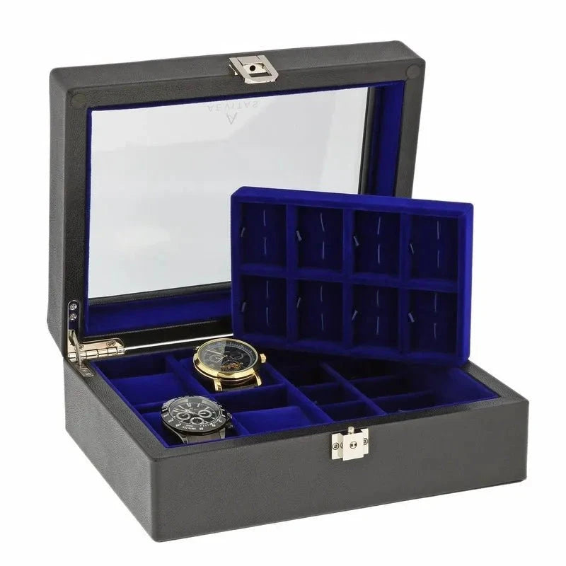 4 Watch and Cufflink Box in Black Genuine Leather