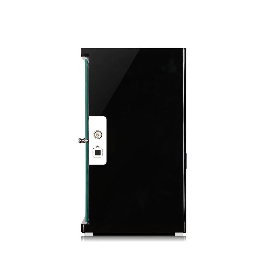 Aevitas 4 watch winder in piano black wood with glass door, silver lock, and fingerprint access.