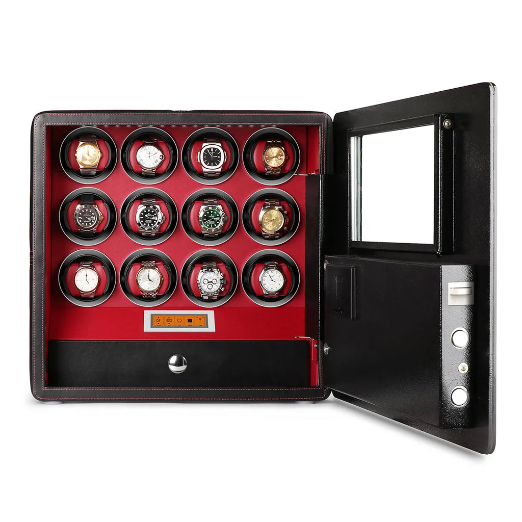 Aevitas luxury black leather safe with 12 watch winders, red interior, LED lighting, and a digital locking glass door.