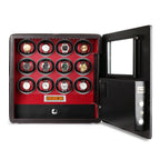 Aevitas luxury black leather safe with 12 watch winders, red interior, LED lighting, and a digital locking glass door.