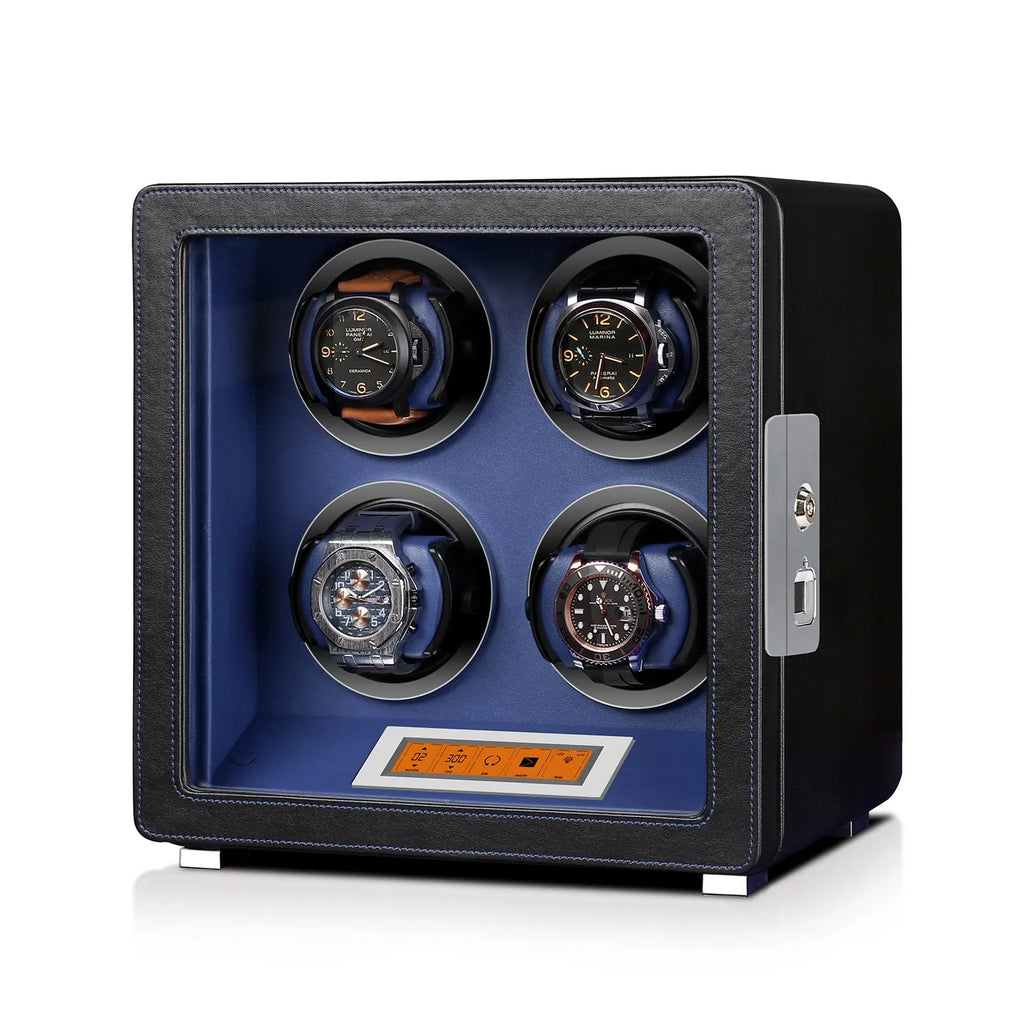 Aevitas 4-watch winder in smooth black vegan leather with a vibrant blue interior and digital control display.
