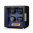 Aevitas 4-watch winder in smooth black vegan leather with a vibrant blue interior and digital control display.