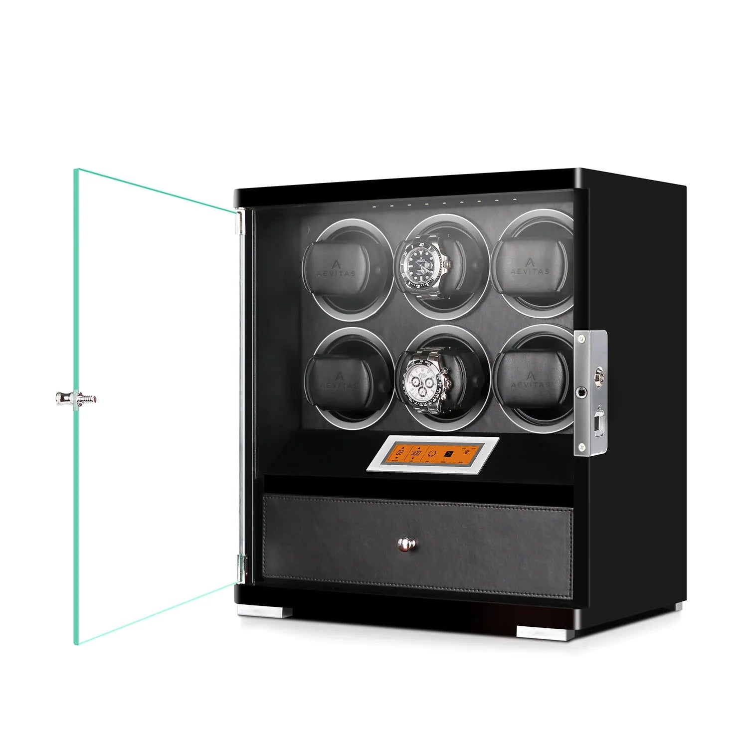 Aevitas 6 watch winder in piano black wood with glass door, touchscreen, and storage drawer.