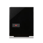 Back of a glossy piano black wood 4 watch winder with power input and red control buttons.
