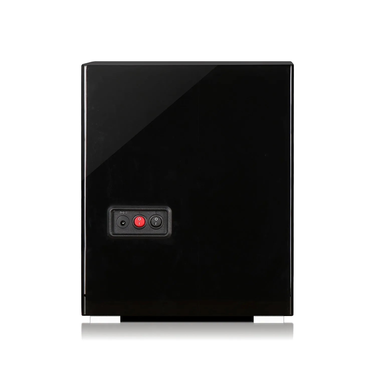 Back of a glossy piano black wood 4 watch winder with power input and red control buttons.