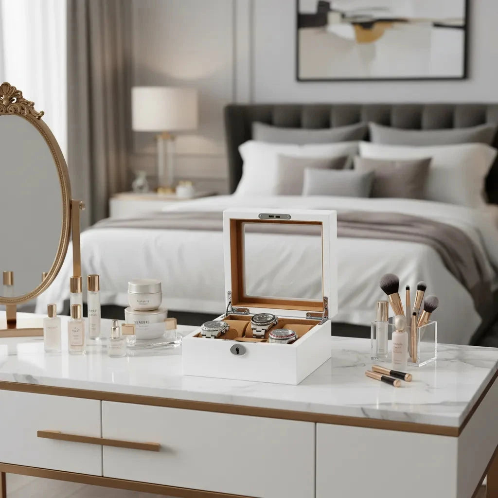 6 Watch Box in Luxurious White Wood with Camel Lining by Aevitas