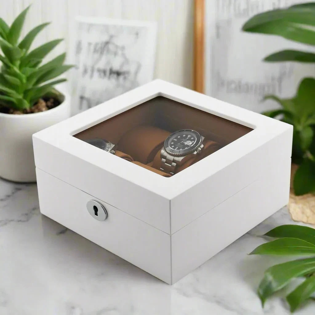 6 Watch Box in Luxurious White Wood with Camel Lining by Aevitas