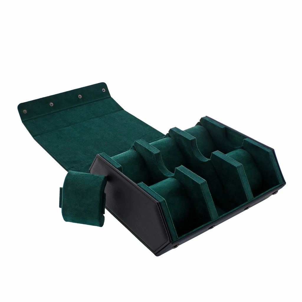 6 Watch Travel Case in Black Leather with Green Lining Hexagon Style