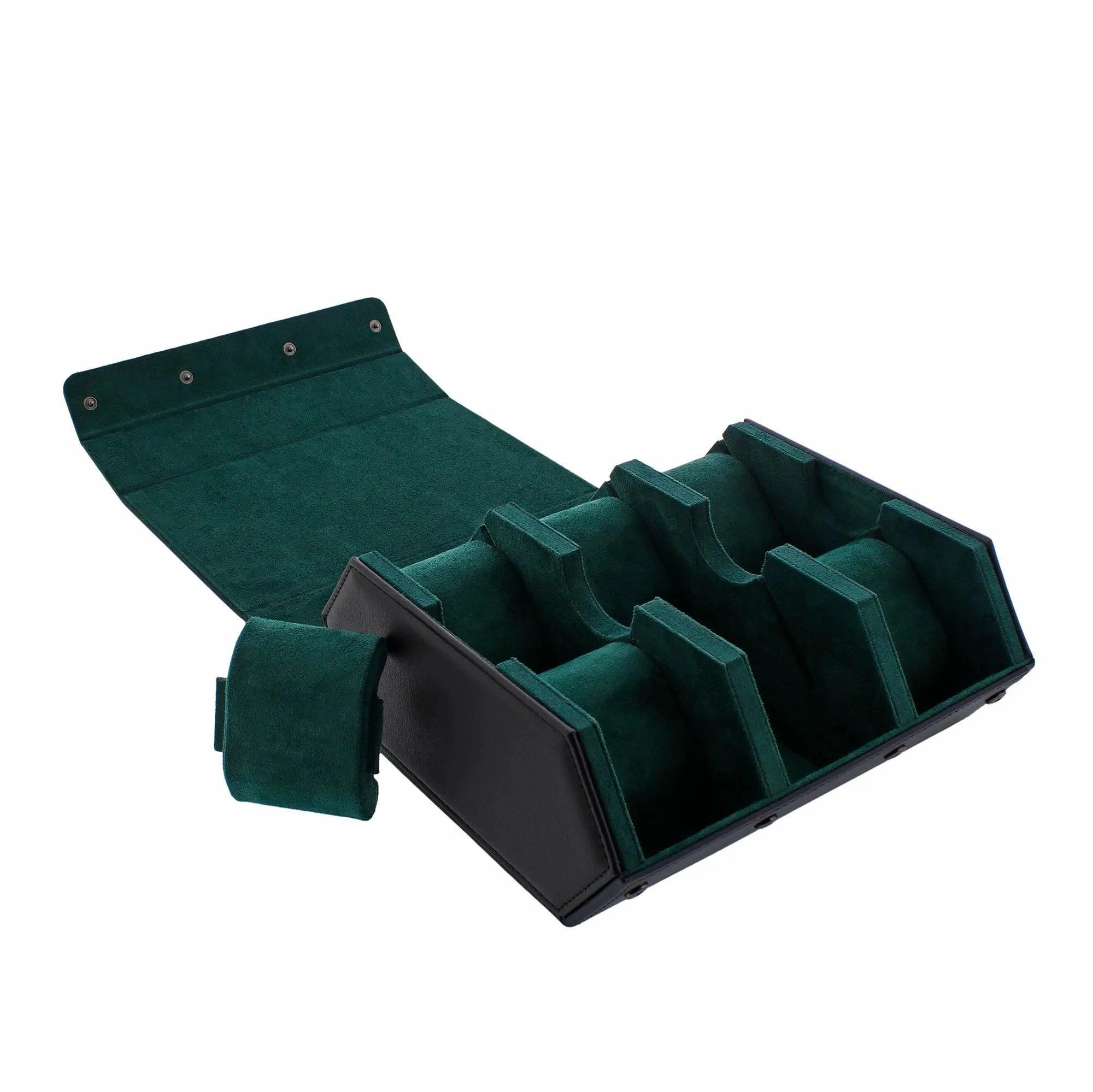 6 Watch Travel Case in Black Leather with Green Lining Hexagon Style