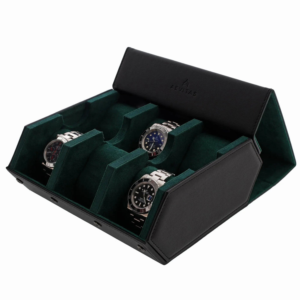 6 Watch Travel Case in Black Leather with Green Lining Hexagon Style