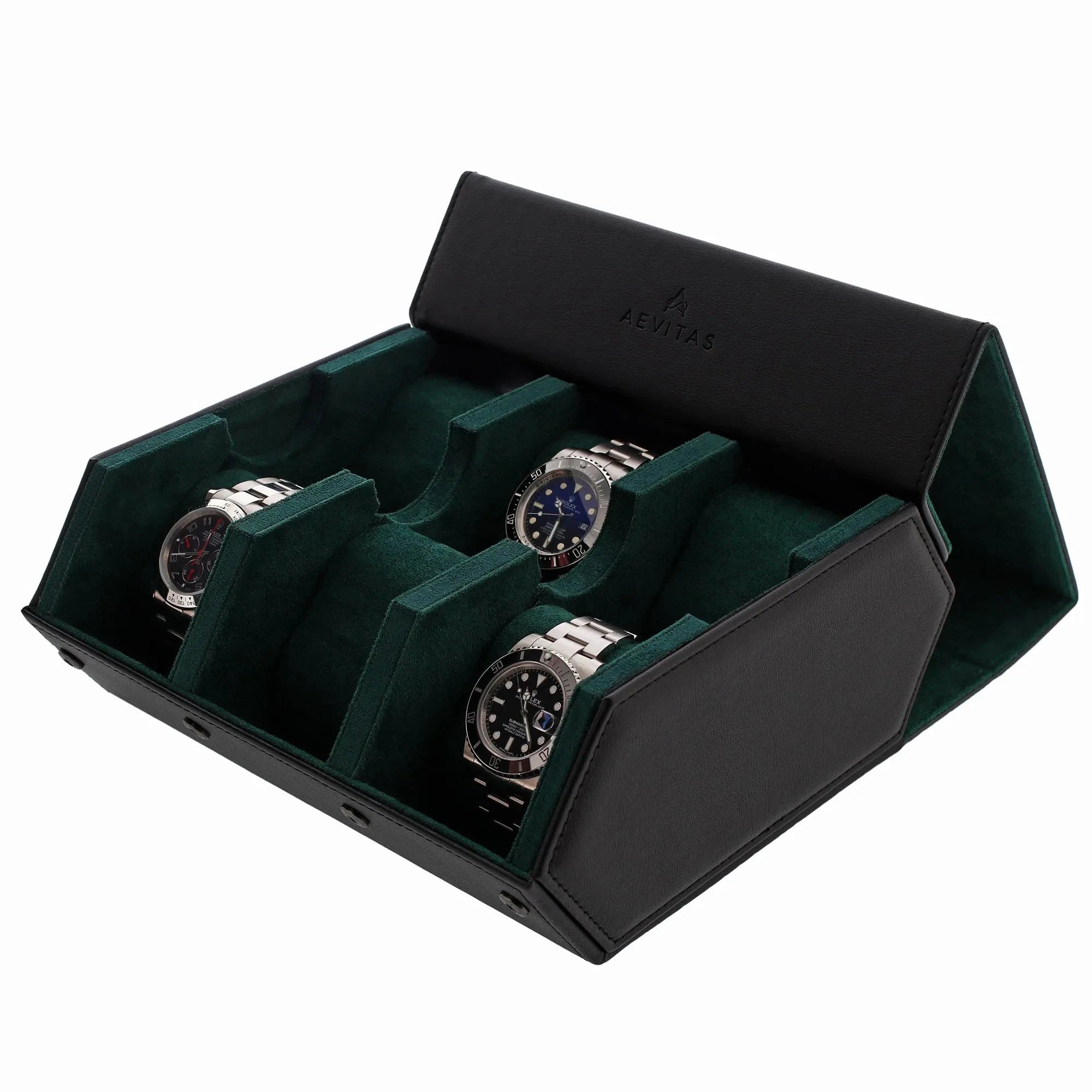 6 Watch Travel Case in Black Leather with Green Lining Hexagon Style