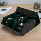 6 Watch Travel Case in Black Leather with Green Lining Hexagon Style