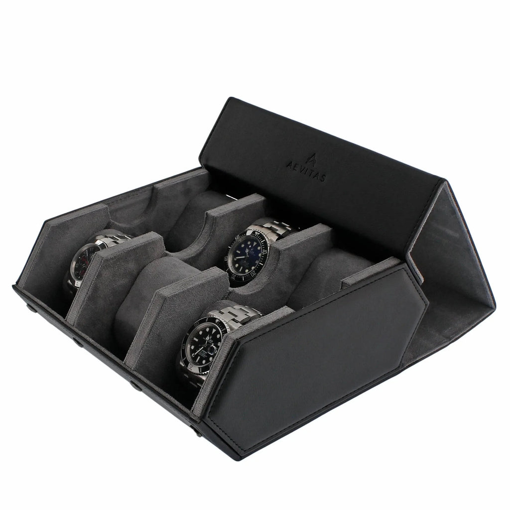 6 Watch Travel Case in Black Leather with Grey Lining Hexagon Style